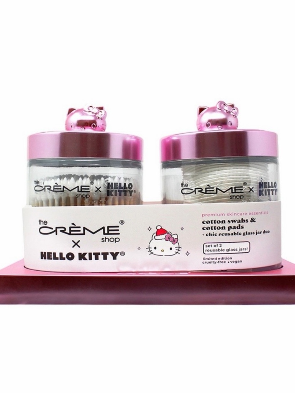 NEW The Crème Shop x Hello Kitty Pink Reusable Glass Jar Set. Cotton & Pads.